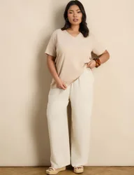 Linen Blend Drawstring Wide Leg Trousers Oatmeal female