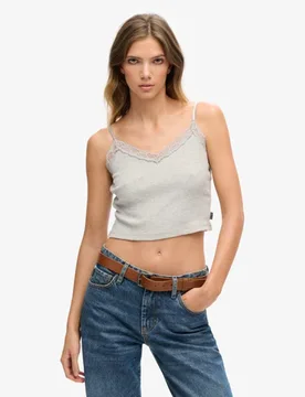 Superdry Damen Geripptes Trägertop mit Spitzenbesatz Grau - Größe: M/L - 24.99 - FashionsVida