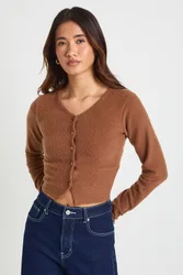 Womens Wool Rib Button Through Cardigan - Dark Brown - Size 8 Uk