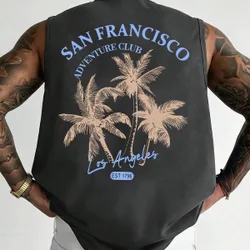 Camiseta de tirantes de cuello redondo con estampado de letras y palmeras de coco, versátil y casual, moda de verano para hombres