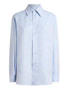Camicia Azzurra In Lino E Cotone Con Stampa