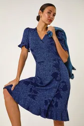 Floral Side Button Dress - Navy - Size: 18