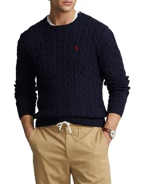 Maglia Polo blu in puro cotone a trecce con logo pony rosso ricamato sul petto - Ralph Lauren - FashionsVida