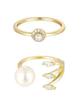 Womens Gold Plated Sterling Silver Pearl & Cz Stacking Ring Set Of 2 Rings - Size J - The Jewellery Stockroom - FashionsVida