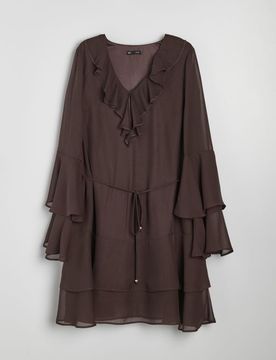 Vestito mini con volant e cintura in tessuto - marrone scuro