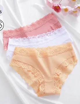 Piezas de bragas triangulares de mujer de unicolor, de algodón acanalado con patchwork de encaje, sexy y cómodas - Shein - FashionsVida
