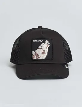 Berretto trucker Lone Wolf nero con patch lupo - Goorin Bros - FashionsVida