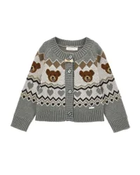 Cardigan grigio con orsetti e fantasie geometriche tricot