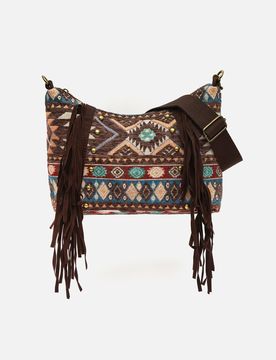 Sac bandoulière Vana en jacquard avec franges et détails métalliques