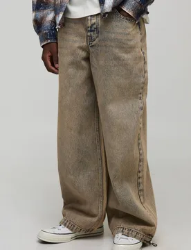Men's Parachute Baggy Washed Jeans Light Brown Size 36R Light Brown 36R - boohooMAN - FashionsVida