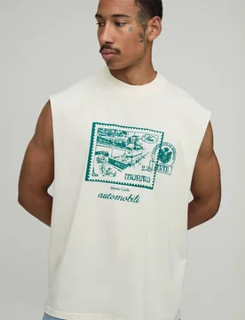 Men's Oversized Postcard Print Tank Ecru Size X-Small Ecru XS - boohooMAN - FashionsVida