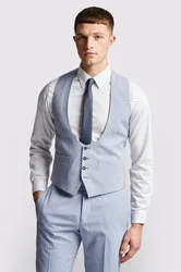 Mens Single Breasted Sleeveless Five Button Scoop Neck Plain Slim Fit Suit Waistcoat In Pale Blue - Size 46 (Chest)