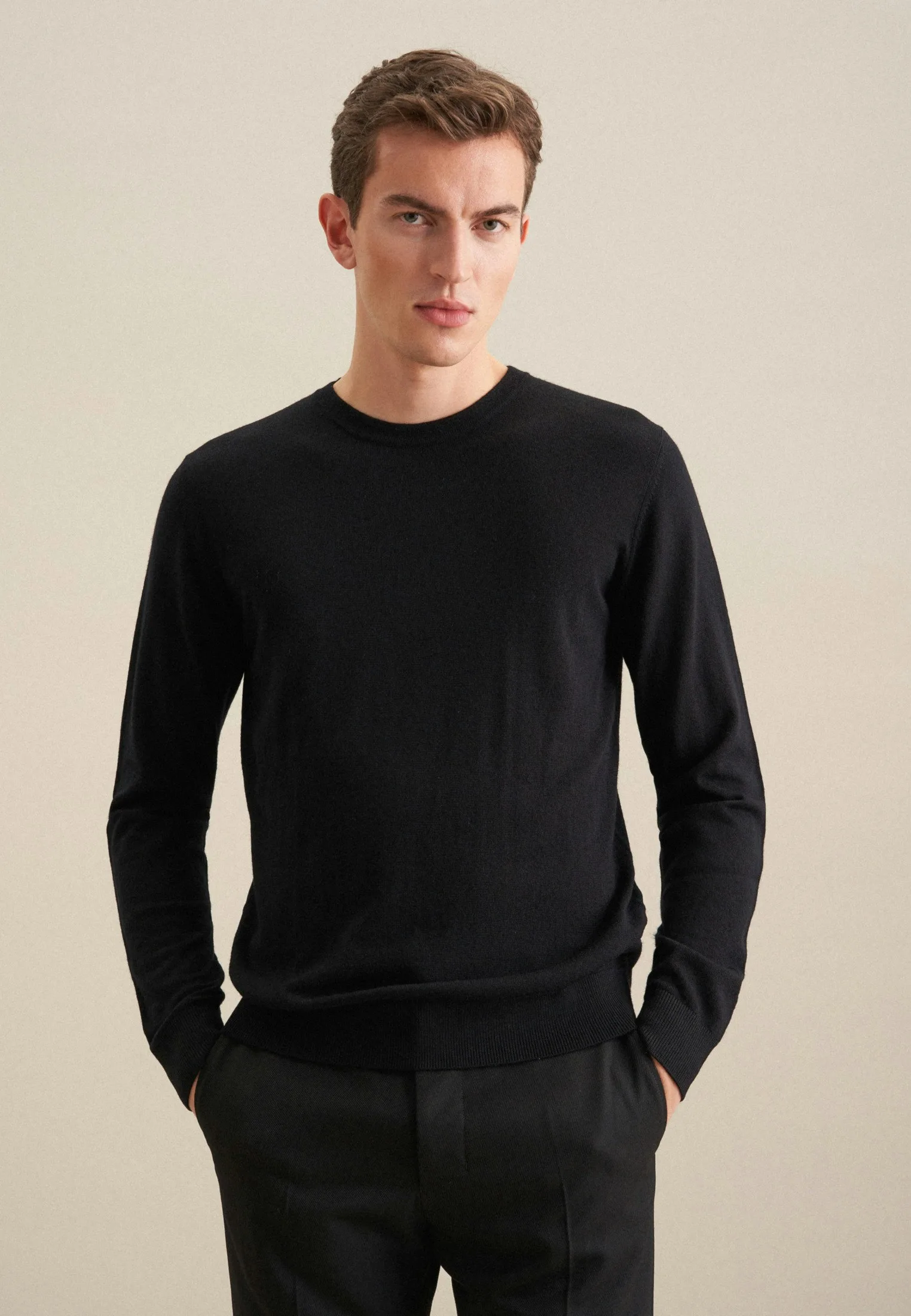 Rundhals Pullover , Uni Schwarz L - Seidensticker - FashionsVida