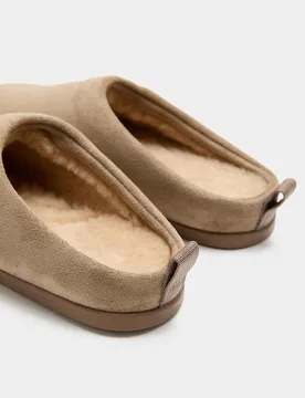 Faux Fur Lined Back Tab Mule Slippers Sand female - M&S - FashionsVida