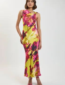 Women's Petite Viscose Satin Floral Print Asymmetric Shoulder Maxi Dress in Yellow Size: 6 - Yellow - Size: 6 - Karen millen - FashionsVida