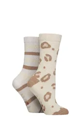 Women's 2 Pair Wildfeet Embroidered Cosy Lounge Socks Leopard Stripe 4-8 - Assorted - Size: Small