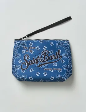 Pochette Aline blu effetto denim in scuba stampa paisley con scritta logo - MC2 SAINT BARTH - FashionsVida