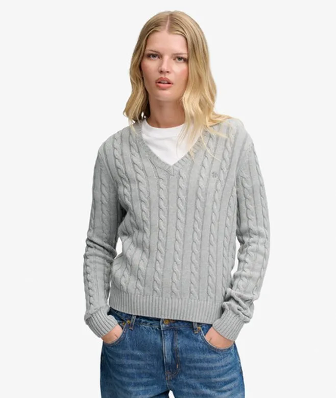 Superdry Damen Washed Cable Pullover mit Schmaler Passform Light Grey - Größe: 44 - 74.99 - FashionsVida