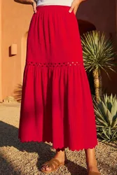 Scallop Trim Midi Skirt - Red - Size: 16