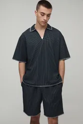 Herren Waffel-Struktur Kontrastnaht Oversized V-Ausschnitt Shirt & Baggy Shorts Set Black Größe XS