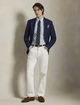 Camicia custom-fit a righe bianche e azzurre in puro lino con colletto button-down - Ralph Lauren - FashionsVida