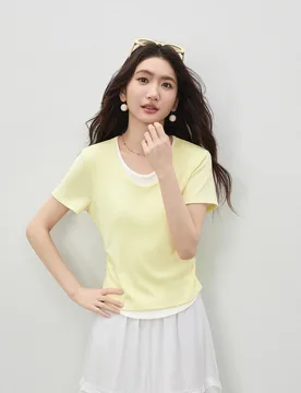 SENTUBILA Fashion 2 in 1 Short Sleeve T-shirt Women's Color Block Double Layer U-Neck Metal Letter Detail Slim Top W62TD6725 - Aliexpress - FashionsVida