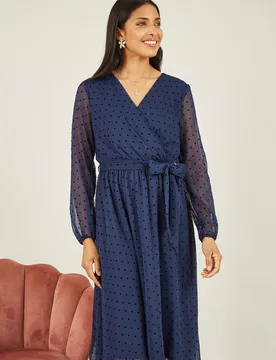 Womens Navy Dobby Spot Long Sleeve Wrap Over Midi Dress - Size 8 Uk - Mela London - FashionsVida