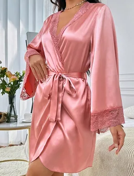 Bata con cinturón y ribete de encaje para mujer, lujoso atuendo de descanso, detalles cálidos y elegantes para otoño e invierno - Shein - FashionsVida