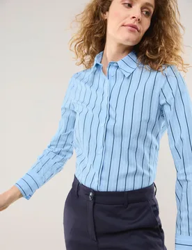 Hemdbluse aus Baumwolle gestreift, #noch offen: Größenlauf, Farbe Blau, 50, reine Baumwolle mechanischer Stretch Damen - Walbusch - FashionsVida