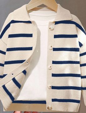 Pieza Suéter tipo cardigan de manga larga a rayas, estilo coreano lindo y elegante para niños pequeños, adecuado para salidas, escuela, vacaciones,