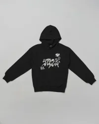 Felpa in cotone nero con cappuccio e stampa bianca graffiti