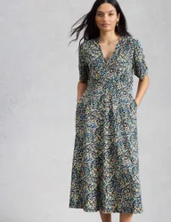Cotton Blend V-Neck Midi Tea Dress Navy Mix female