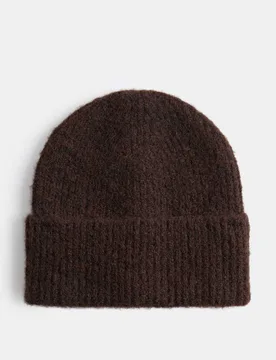 Rib Fluffy Beanie Hat Dark Brown female - M&S - FashionsVida