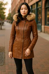 Quilted Leather Parka Jacket-Winton - Tan - Size: 12