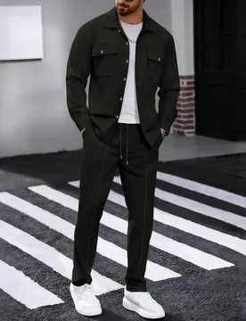 Conjunto de 2 piezas para hombre, camisa casual de manga larga con doble bolsillo y cuello de solapa + pantalones largos, conjunto deportivo delgado p - Shein - FashionsVida