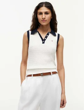 Pure Cotton Cable Knit Polo Knitted Vest Ivory female - Tommy hilfiger - FashionsVida