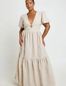 Womens Plus Stripe Tiered Maxi Dress - Beige - Size 26 Uk - Boohoo - FashionsVida