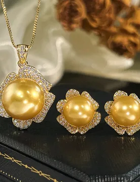 Gold Tone Flower Shaped Jewelry with Round Pearl Zircon Elegant Statement Necklace Earrings Women Vintage Luxury Wedding Party - Aliexpress - FashionsVida