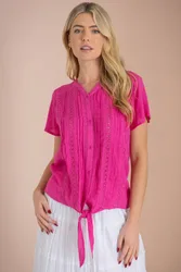 Women's Tie Front Short Sleeve Blouse in Pink Size: 18 - Pink - Size: 18