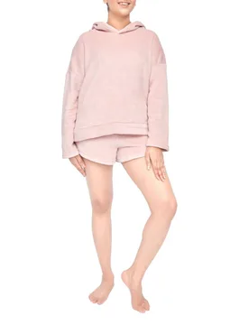 Women's Soft & Cozy Fleece Loungewear Hoodie & Short Set in Pink Size: Small - Pink - Size: S - Smart Living - FashionsVida
