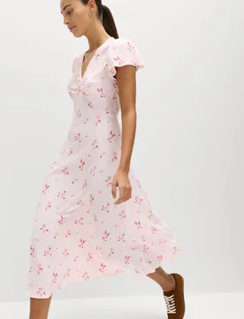 Printed V-Neck Midi Tea Dress Pink Mix female - M&S - FashionsVida