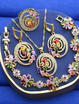 Exquisite Multicolor Crystal 18K Gold Plated Jewelry Sets for Women Earrings Necklace Adjustable Ring Bracelet Wedding Gift - Aliexpress - FashionsVida
