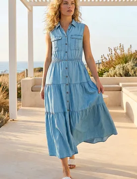 Womens Collared Tiered Midi Dress - Blue - Size 16 Uk - Roman - FashionsVida