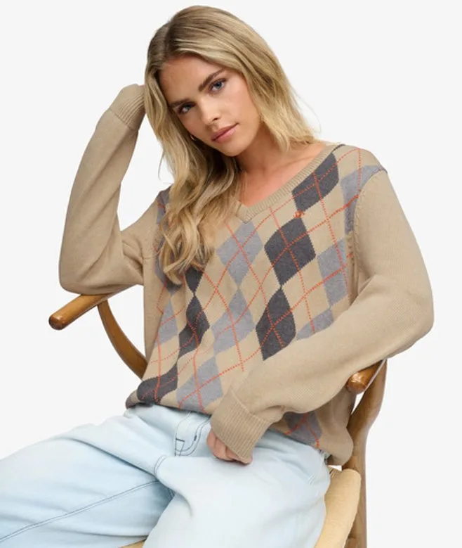 Superdry Damen Argyle-pullover mit V-ausschnitt Lockere Passform Beige - Größe: 36 - 74.99 - FashionsVida