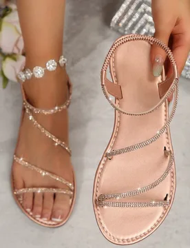 Sandalias planas casuales y de moda para mujer con tiras de cristal de imitación, diseño minimalista de punta abierta, banda elástica cruzada, para - Shein - FashionsVida