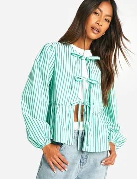 Womens Green Stripe Tie Front Puff Long Sleeve Smock Top Cotton - Size 6 Uk - Boohoo - FashionsVida