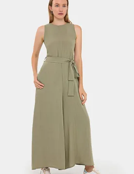 Womens Super Wide Leg Jumpsuit With Tie Waist - Sage Green - Size Small - Hiccup - FashionsVida