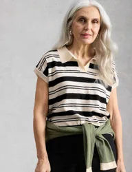 Cotton Rich Striped Polo Shirt with Linen White Mix female