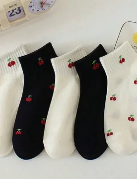 Pares de calcetines cortos con patrón de cereza dulce para mujer, adecuados para uso diario - Shein - FashionsVida