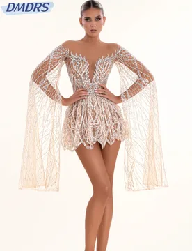 Sexy Illusion Mini Evening Dress With Cape Sleeve Luxury Sequined Beades Prom Dresses 2025 Customized Cocktail Gown For Women - Aliexpress - FashionsVida